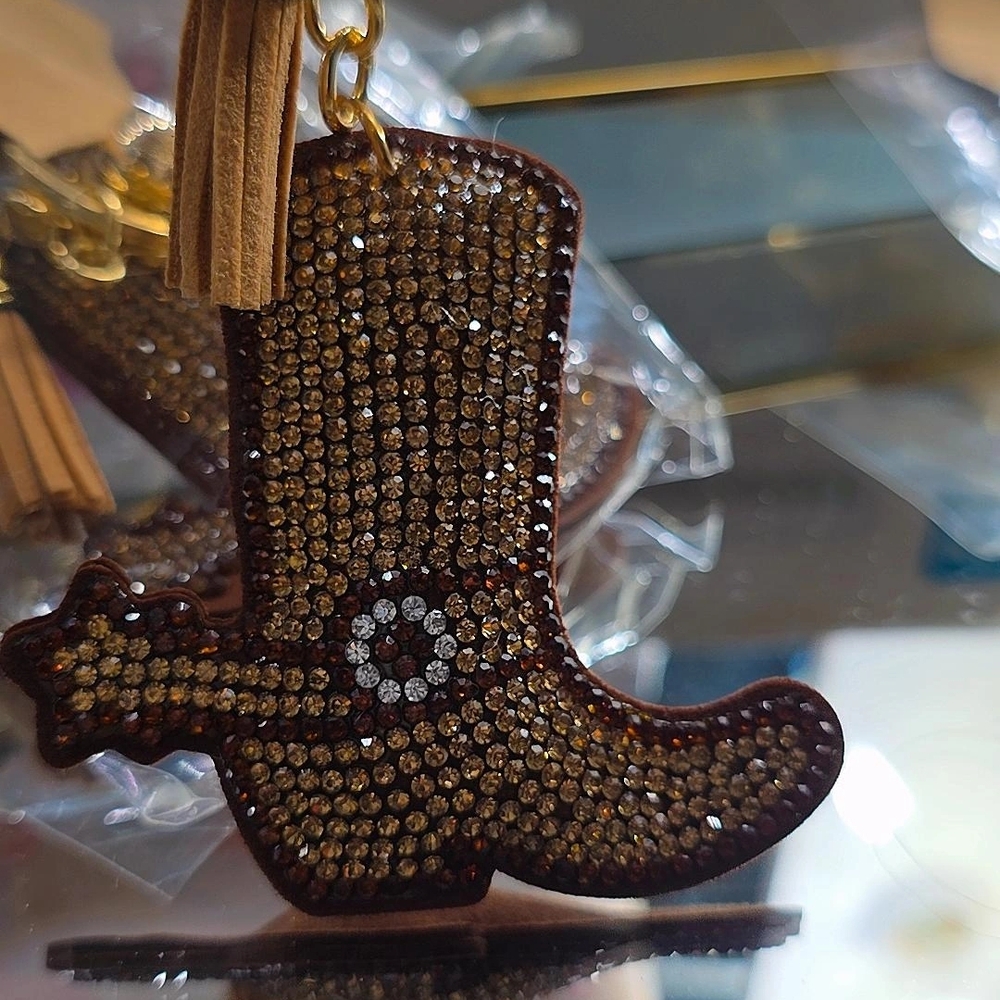 Western Rhinestone Cowboy Boot Keychain with Tassel